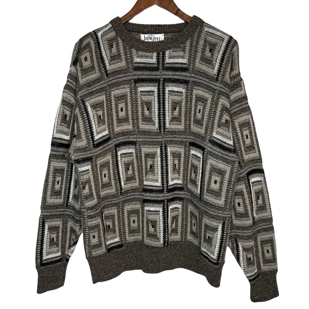 Jantzen Vintage 90s Sweater M Gray Black Brown Pullover Crew Neck Made In USA